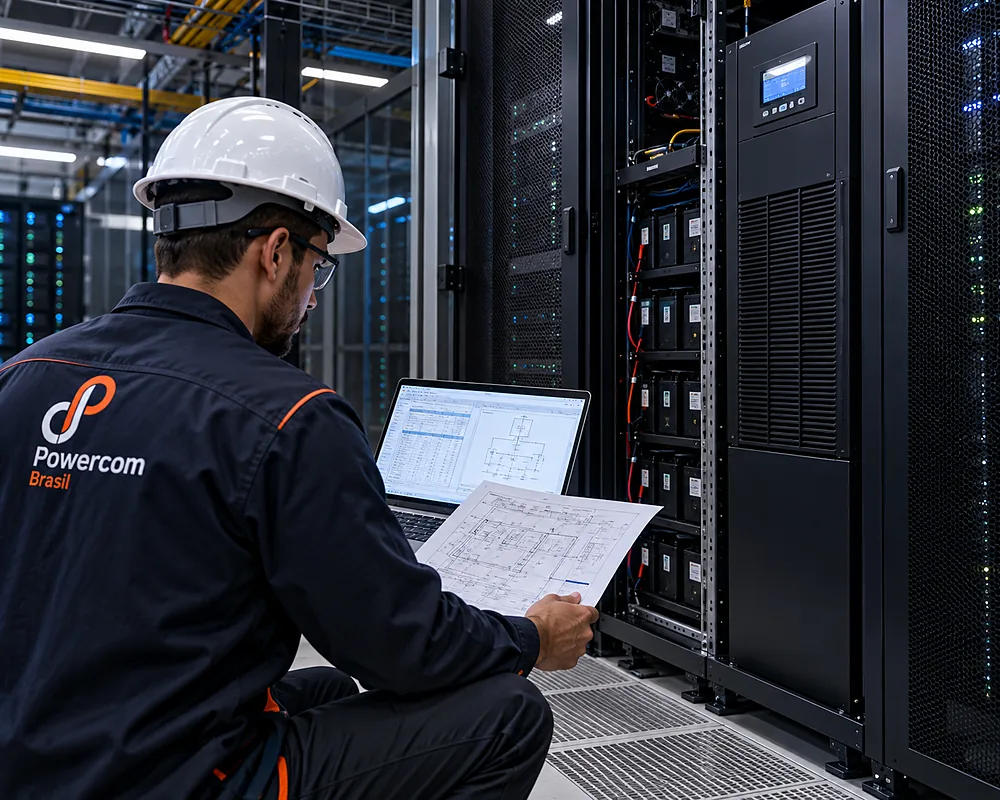 Técnico da Powercom levantando a carga e a autonomia junto ao nobreak e ao banco de baterias