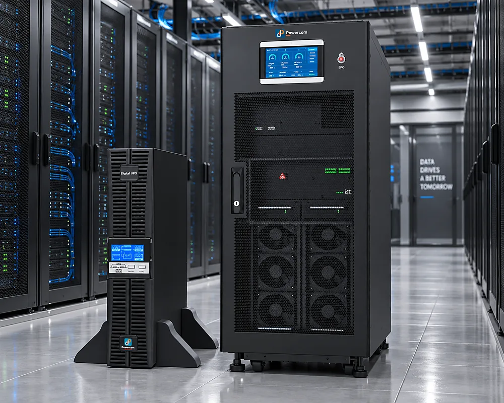 Nobreak Powercom em rack e nobreak trifásico de grande porte instalados no corredor de um data center