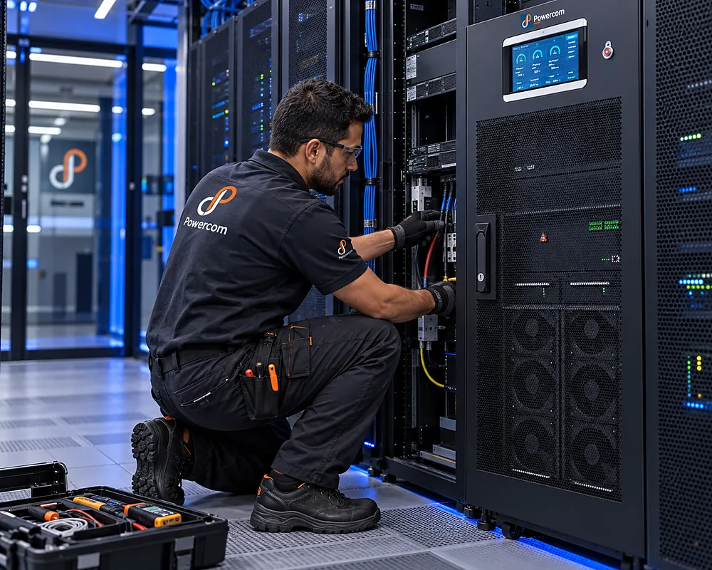 Técnico da Powercom conectando a alimentação e a proteção do nobreak durante a instalação