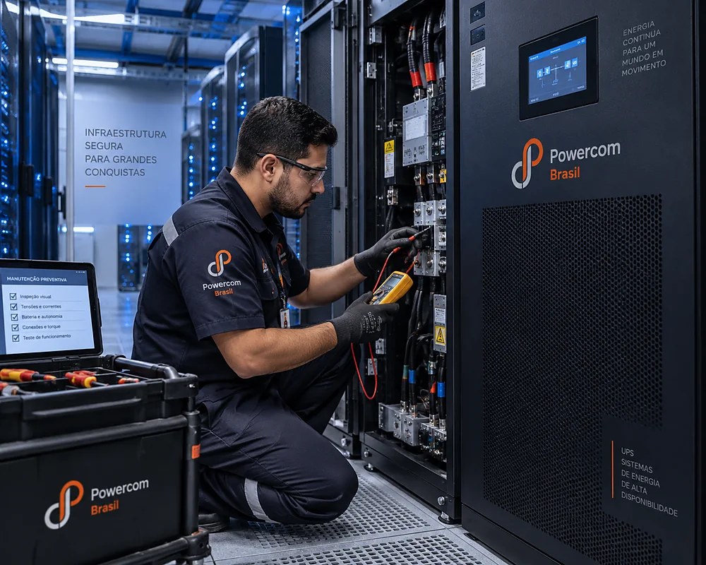 Técnico da Powercom medindo tensões e conexões do nobreak em manutenção preventiva