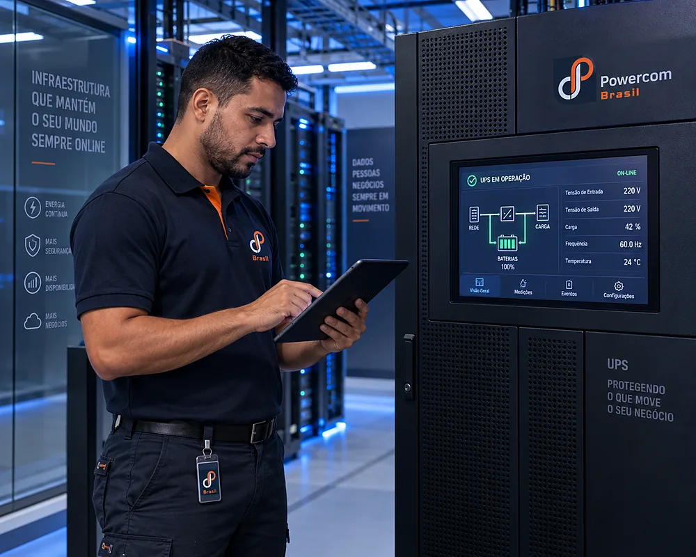 Técnico da Powercom acompanhando pelo tablet os parâmetros do nobreak em operação